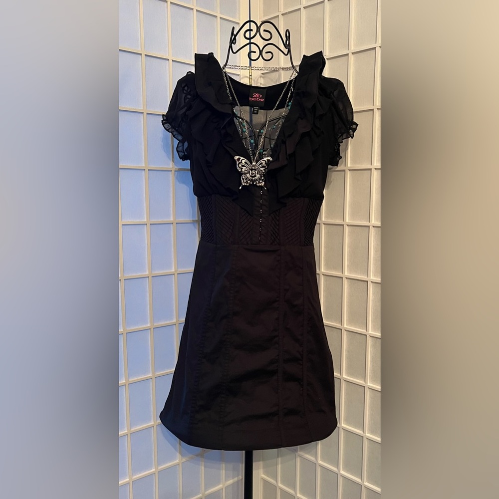 2B BEBE SS Pleated Waist Ruffle Poplin Dress Black NWT